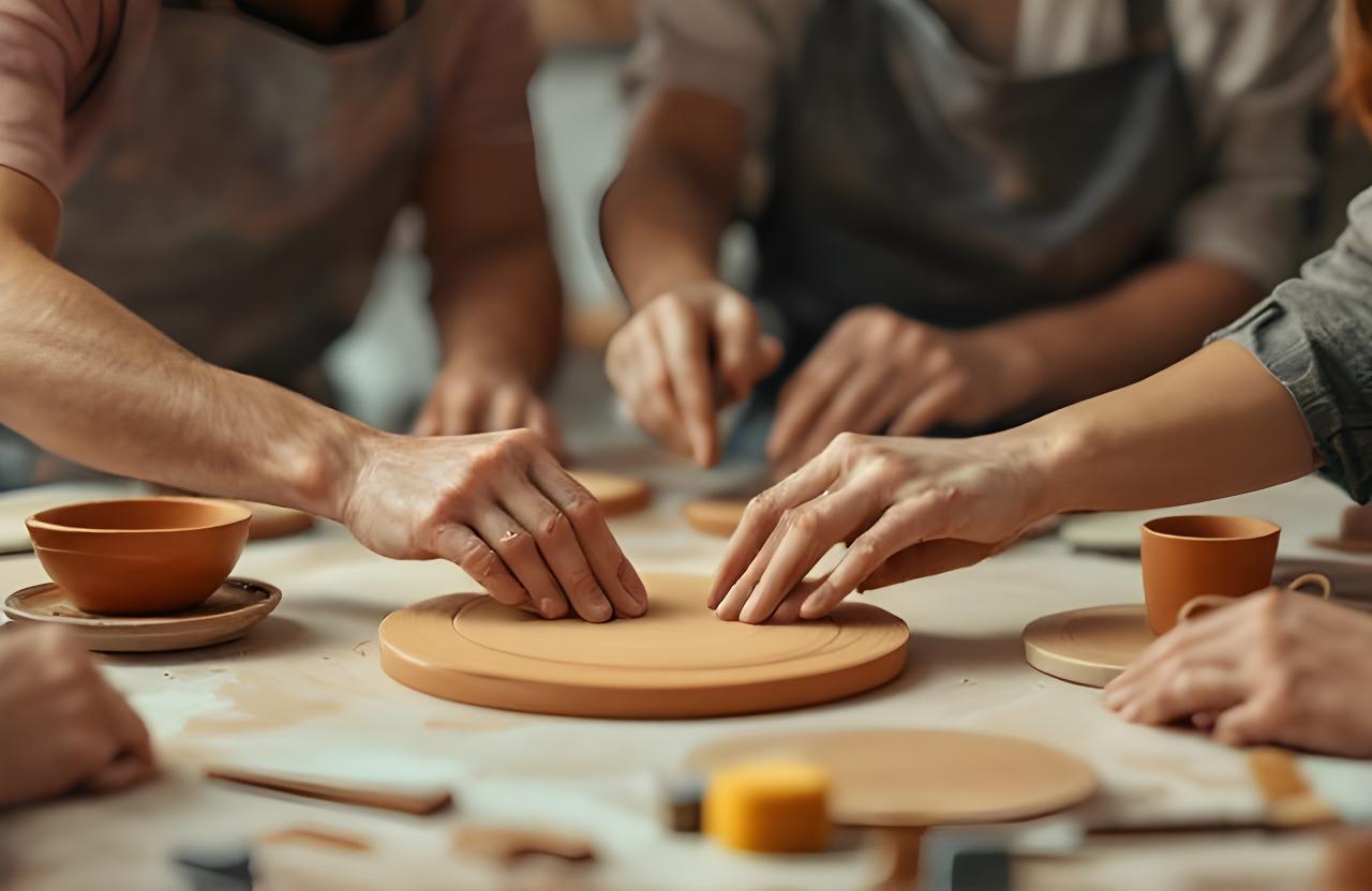 Kleingruppe beim Handaufbau mit Tonplatten, Werkzeugen und freundlicher Kursleitung