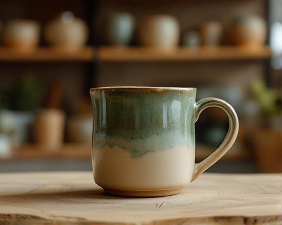 Handgedrehter Kaffeebecher in warmer Werkstattbeleuchtung mit grünlicher Glasur