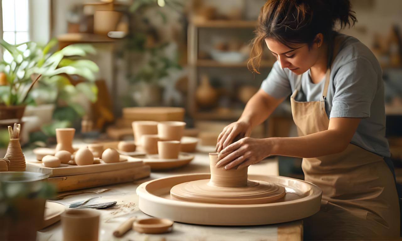 Keramik-Workshop in einer hellen Zürcher Werkstatt mit Töpferscheibe, Ton und konzentrierten Teilnehmenden