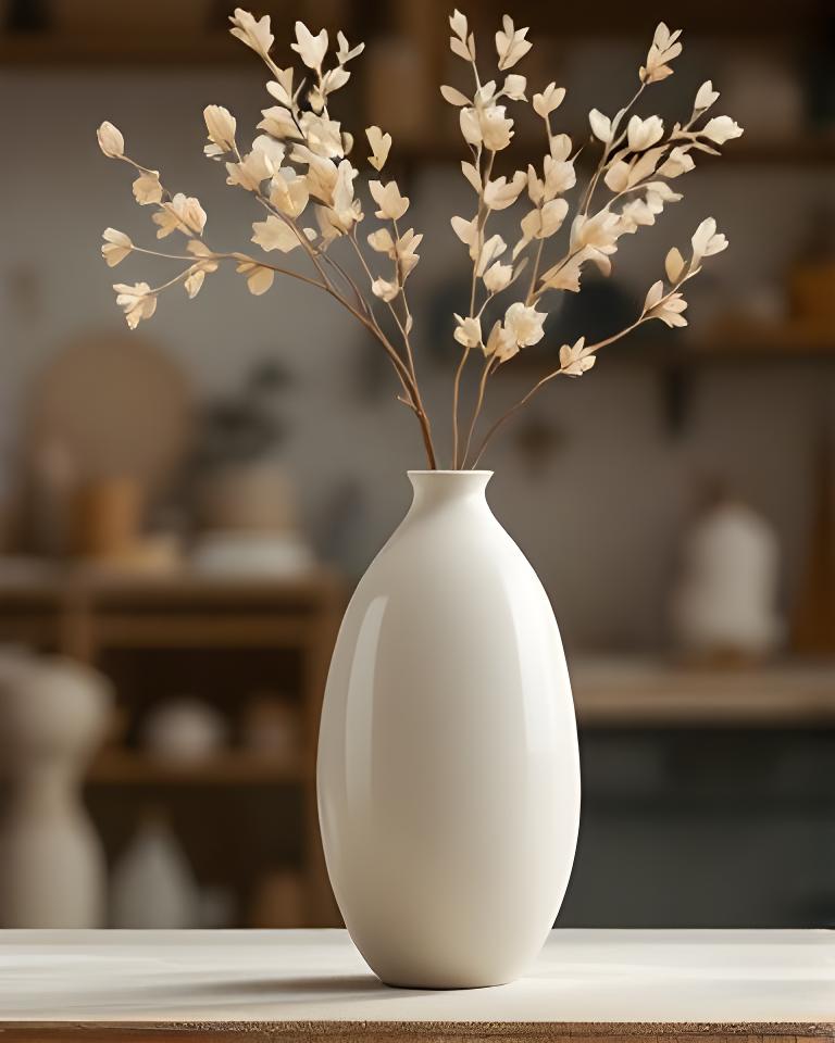 Elegante Keramikvase in schlanker Form neben getrockneten Zweigen in einer hellen Werkstatt