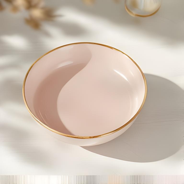 Flache Obstschale aus Keramik mit zarter rosa Glasur auf hellem Holztisch