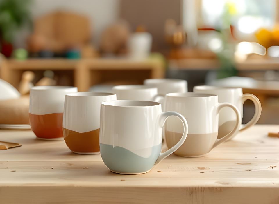 Individuell beschriftete Keramikbecher als Firmengeschenke auf einem hellen Holztisch