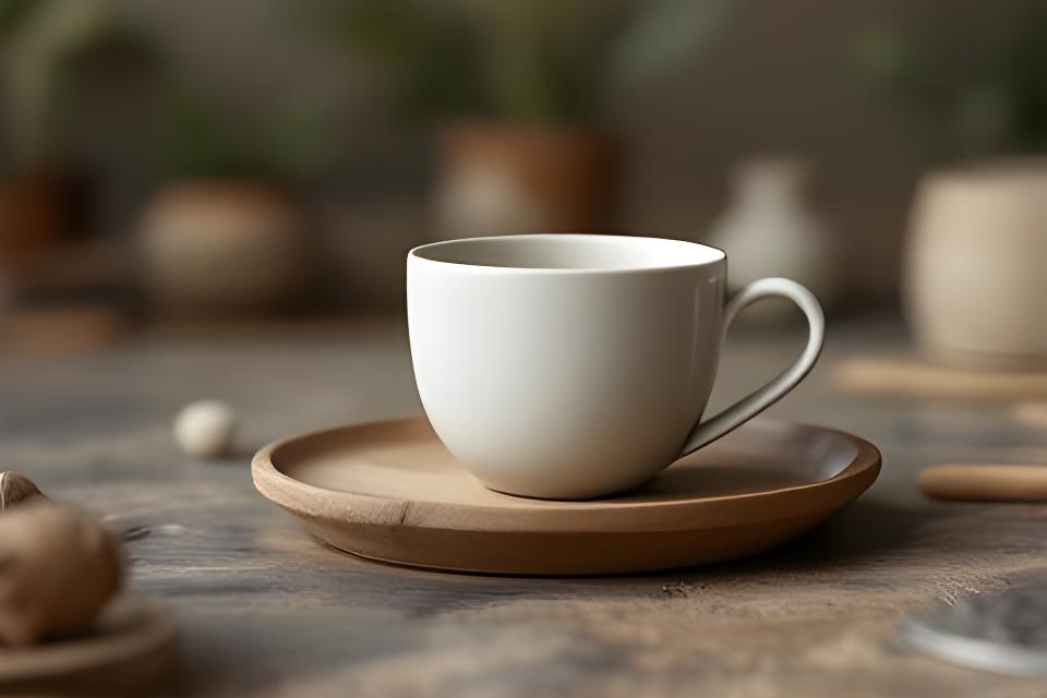 Handgedrehte Mokka-Tasse mit heller Glasur auf einem Holztablett in der Werkstatt